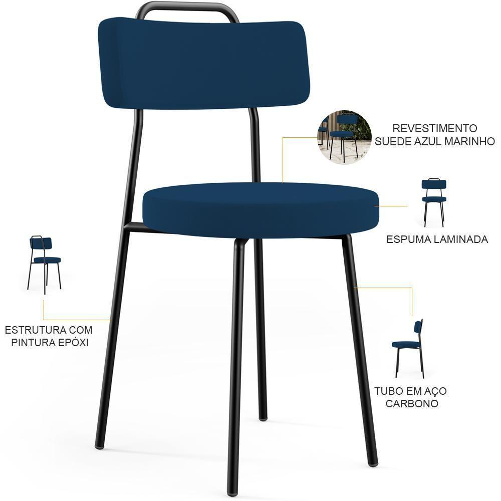 Kit 04 Cadeiras Decorativas Estofada Sala De Jantar Barcelona L02 Suede Azul Marinho - Lyam Decor - 6