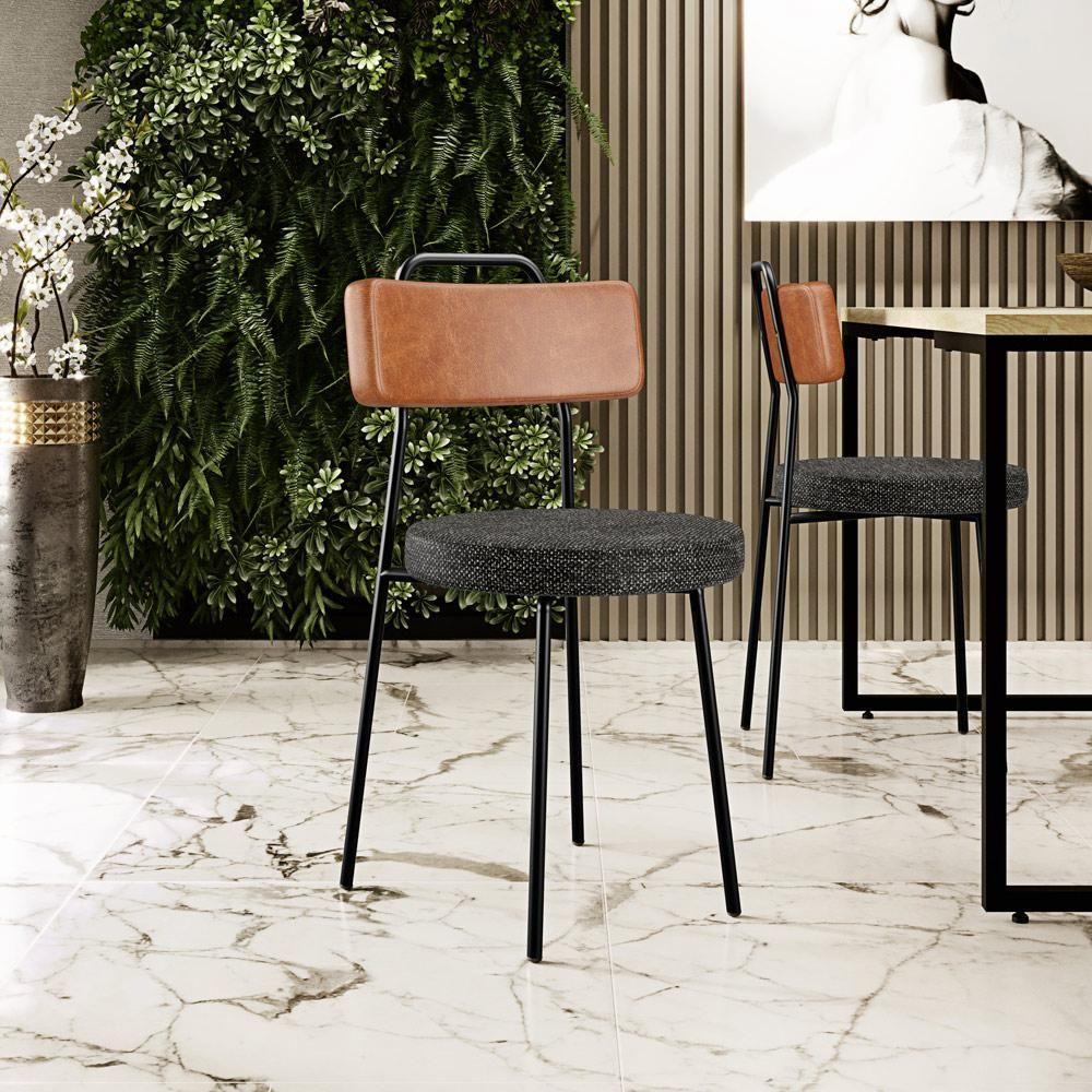 Kit 08 Cadeiras Decorativas Estofada Sala De Jantar Barcelona L02 Couríssimo Camel Linho Chumbo - 4