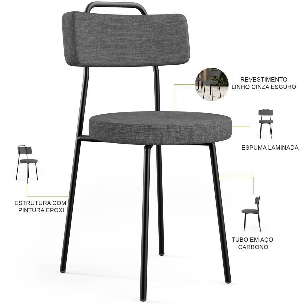 Kit 04 Cadeiras Decorativas Estofada Sala De Jantar Barcelona L02 Linho Cinza Escuro - Lyam Decor - 3