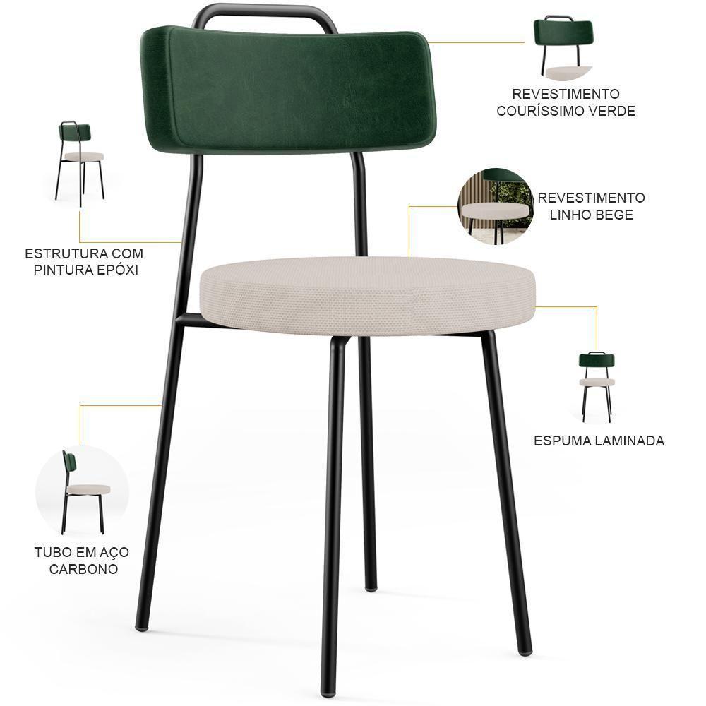 Kit 04 Cadeiras Decorativa Estofada Sala Jantar Barcelona L02 Facto Verde Musgo Linho Bege - Lyam - 2