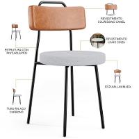 Kit 06 Cadeiras Decorativas Estofada Sala Jantar Barcelona L02 Couríssimo Camel Linho Cinza - Lyam - 6
