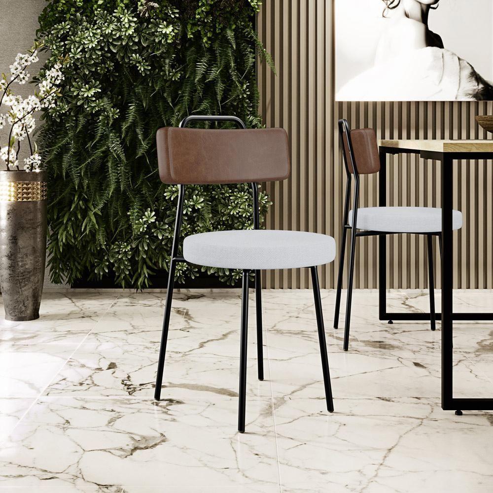 Kit 04 Cadeiras Estofada Para Sala De Jantar Barcelona L02 Couríssimo Marrom Linho Cinza - Lyam - 4