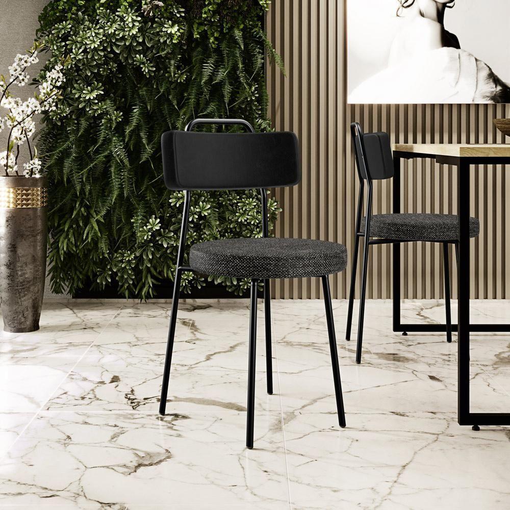 Kit 06 Cadeiras Decorativa Estofada Sala Jantar Barcelona L02 Couríssimo Preto Linho Chumbo - Lyam - 4