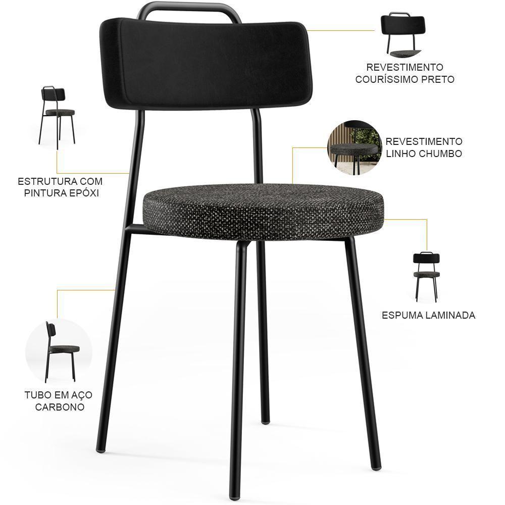 Kit 06 Cadeiras Decorativa Estofada Sala Jantar Barcelona L02 Couríssimo Preto Linho Chumbo - Lyam - 5