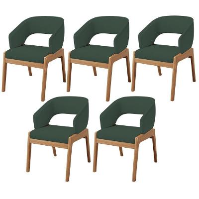 Kit 05 Cadeiras De Jantar E Estar Living Estofada Lince L02 Linho Verde Musgo - Lyam Decor