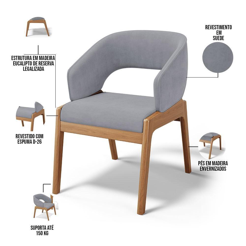 Kit 04 Cadeiras De Jantar E Estar Living Estofada Lince L02 Suede Cinza - Lyam Decor - 6