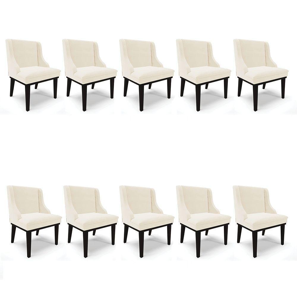 Kit 10 Cadeiras Liz Veludo Bege Base Fixa Madeira Preto - - 1