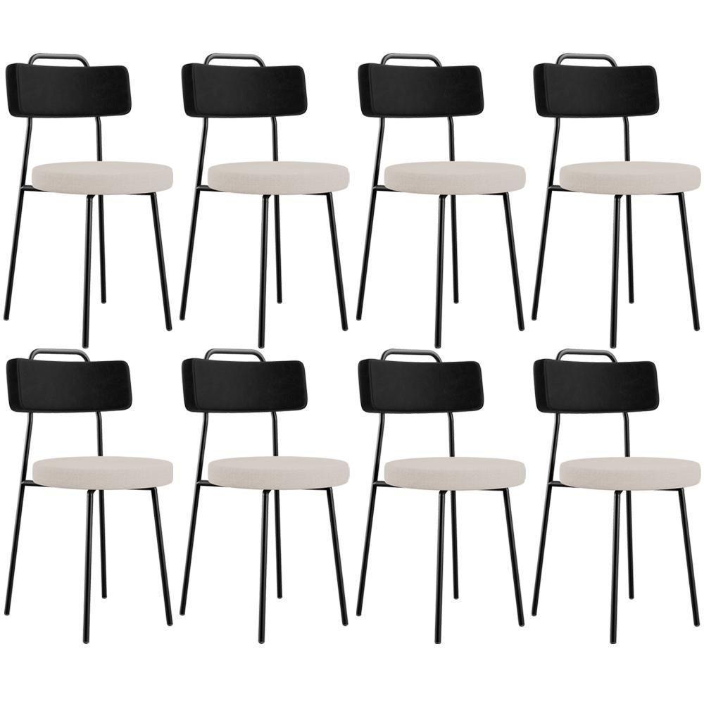 Kit 08 Cadeiras Decorativa Estofada Sala De Jantar Barcelona L02 Couríssimo Preto Linho Bege - Lyam - 1