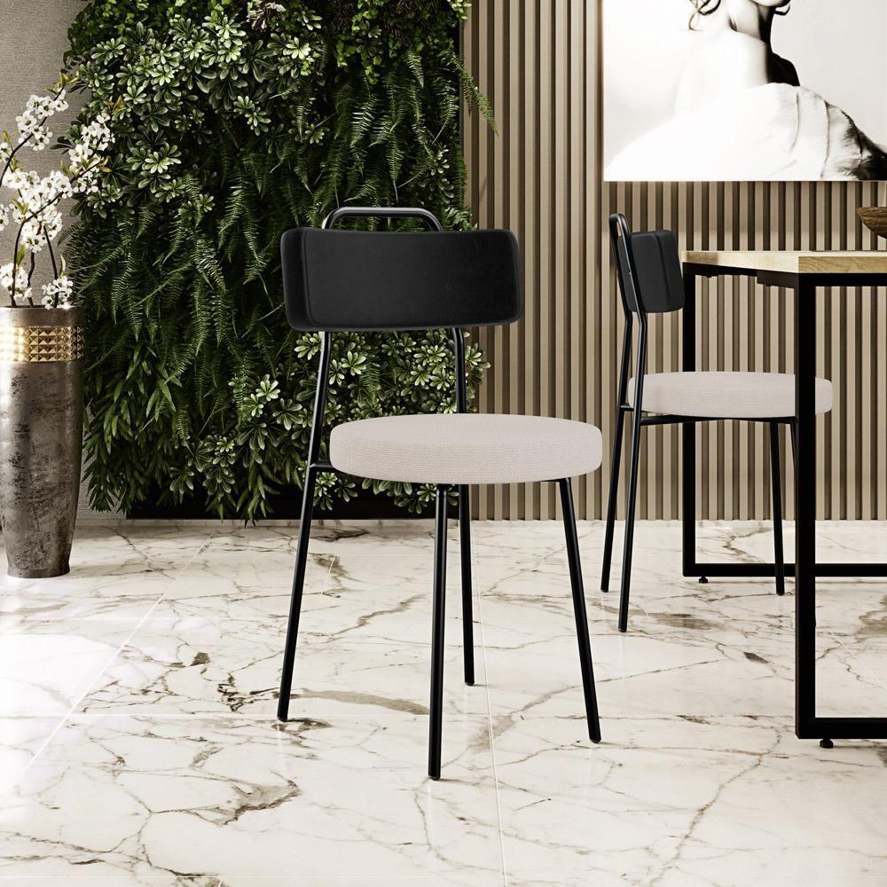 Kit 08 Cadeiras Decorativa Estofada Sala De Jantar Barcelona L02 Couríssimo Preto Linho Bege - Lyam - 6