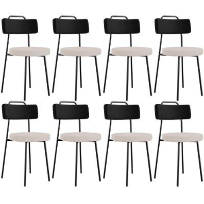 Kit 08 Cadeiras Decorativa Estofada Sala De Jantar Barcelona L02 Couríssimo Preto Linho Bege - Lyam