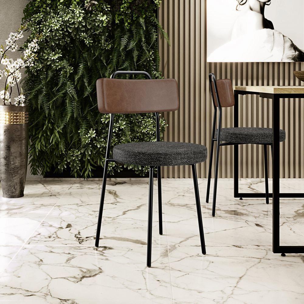 Kit 04 Cadeiras Estofada Para Sala De Jantar Barcelona L02 Couríssimo Marrom Linho Chumbo - Lyam - 6