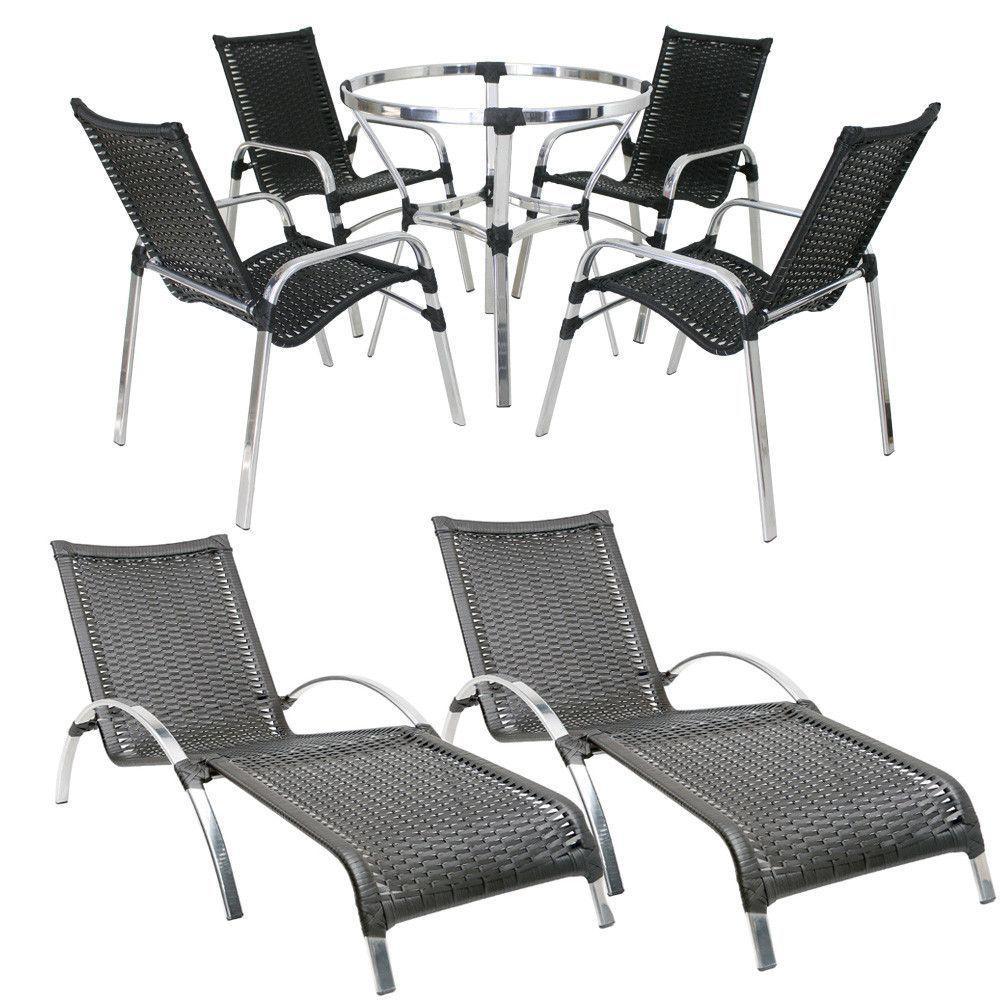 Jogo De Cadeira Alumínio E Espreguiçadeiras Com Mesa Trama Original Preto - 1