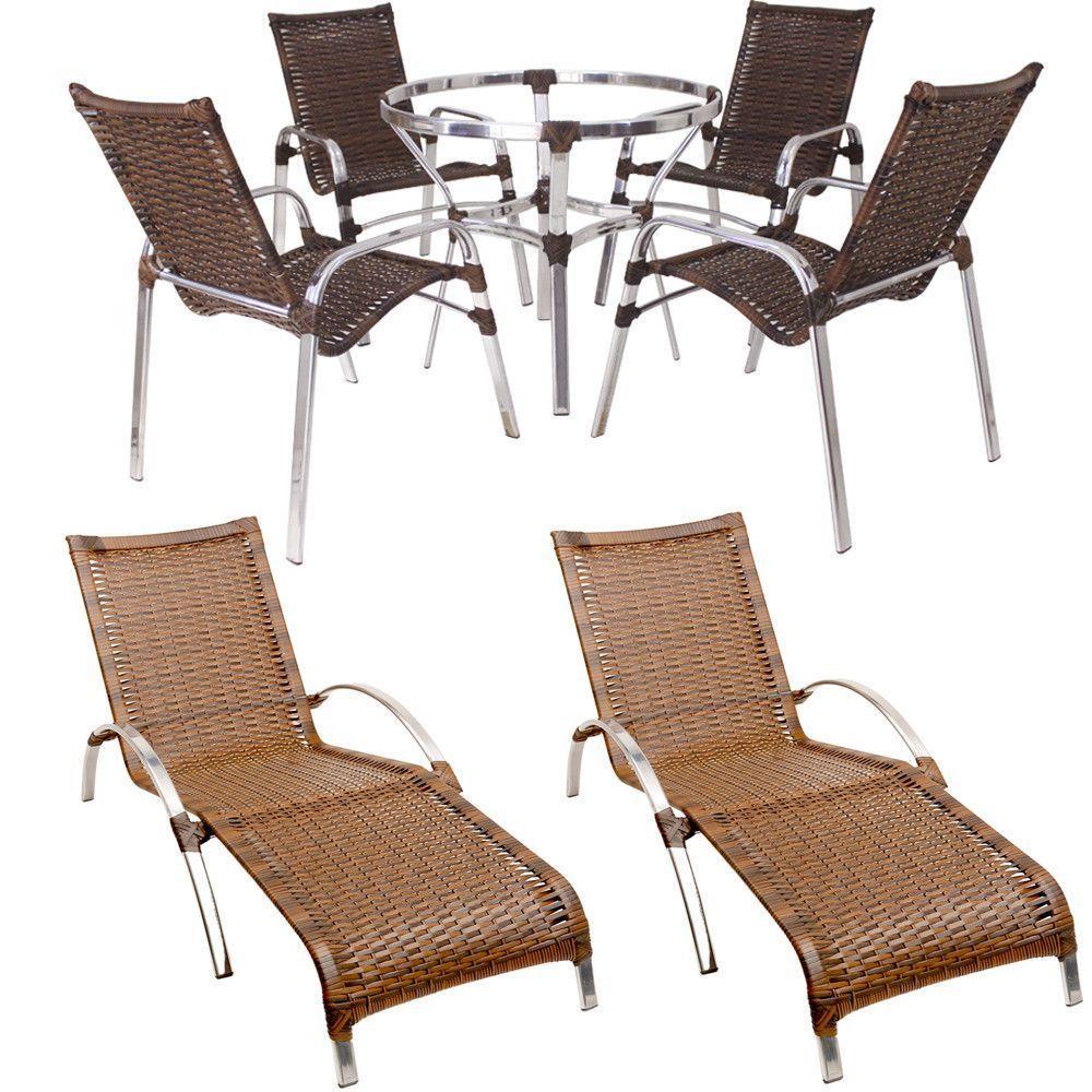 Jogo De Cadeira Alumínio E Espreguiçadeiras Com Mesa Trama Original Argila - 1