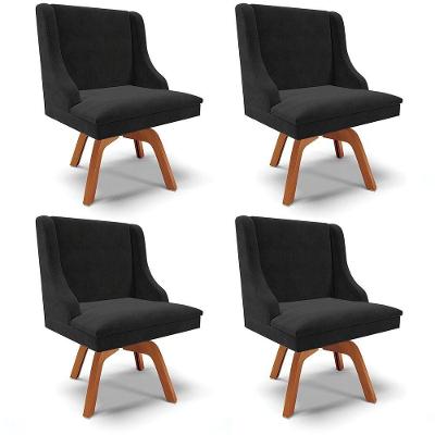 Kit 04 Cadeiras Suede Preto Giratória De Madeira