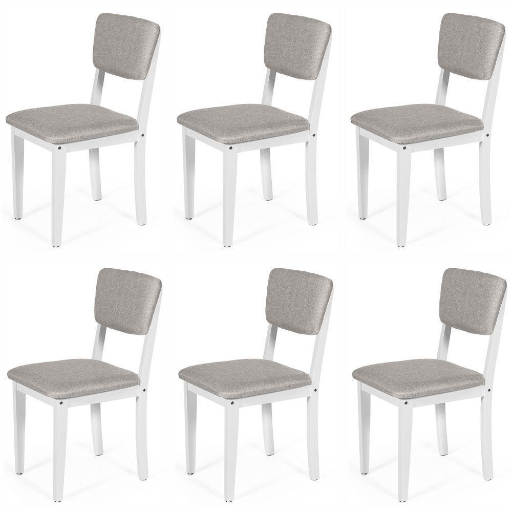 Conjunto 6 Cadeiras De Jantar Estofada Em Madeira Maciça Ella Branco/cinza Claro - 1