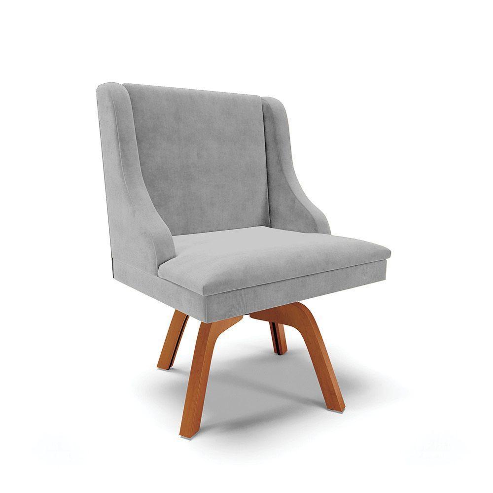 Cadeira Suede Cinza Giratória De Madeira - 1