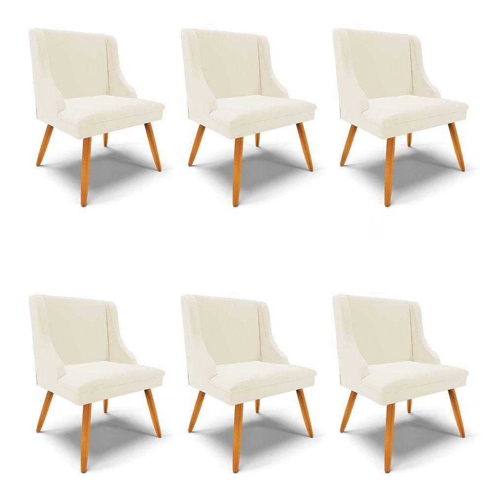 Kit 06 Cadeiras Veludo Bege Pés Palito Castanho - 1