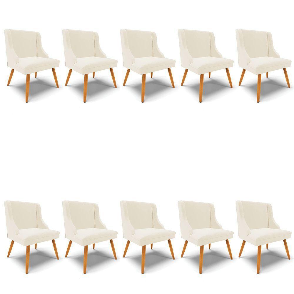 Kit 10 Cadeiras Veludo Bege Pés Palito Castanho - 1