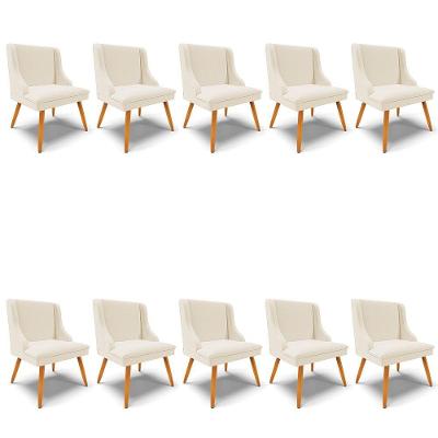 Kit 10 Cadeiras Linho Grosso Bege Pés Palito Castanho