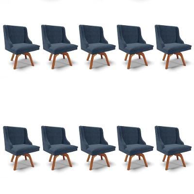 Kit 10 Cadeiras Suede Azul Marinho Giratória De Madeira