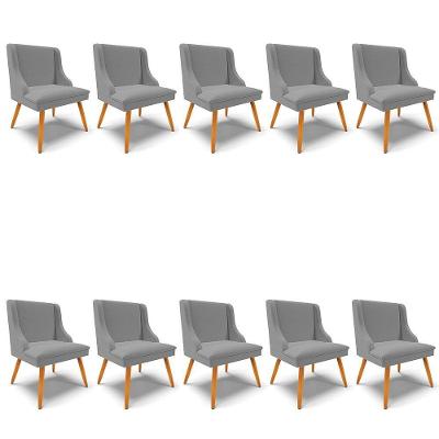 Kit 10 Cadeiras Linho Grafite Pés Palito Castanho