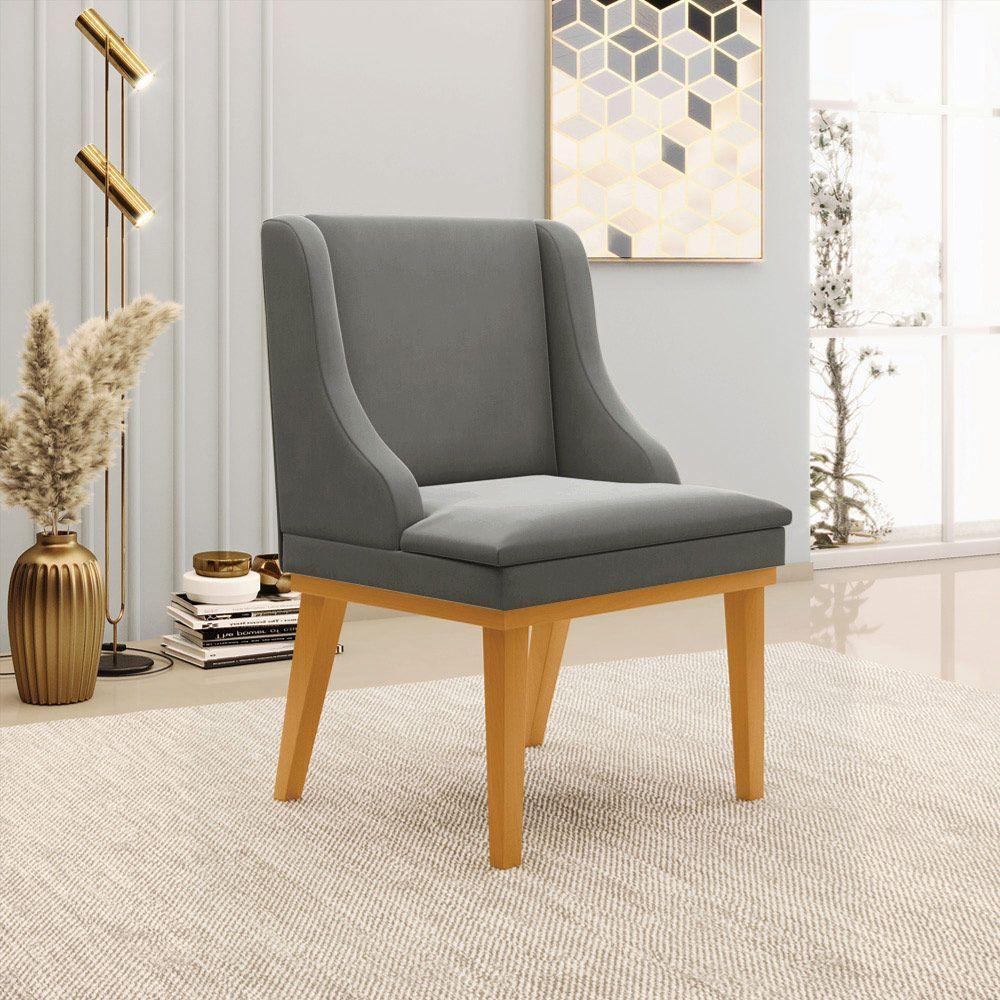 Kit 2 Cadeiras Decorativas Sala De Jantar Base Fixa De Madeira Firenze Suede Grafite/Castanho G19 - 9