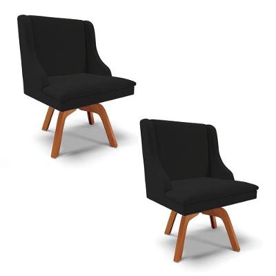 Kit 2 Cadeiras Estofadas Para Sala De Jantar Base Giratória De Madeira Lia Linho Preto - Ibiza