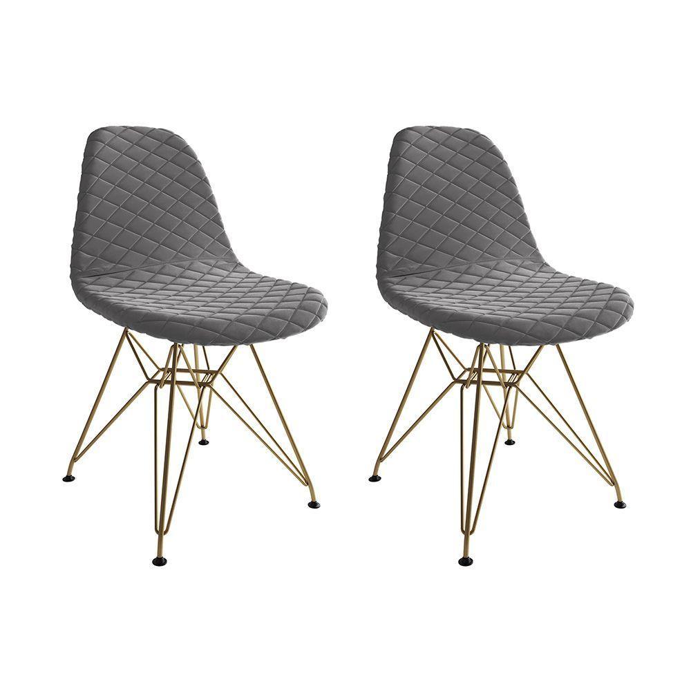 Kit 2 Cadeiras Jantar Eames Eiffel Estofadas Grafite Base Dourado - Cor: Marrom - 1