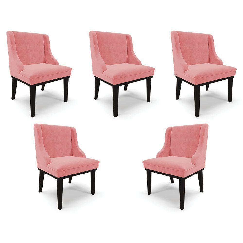 Kit 5 Cadeiras Decorativas Sala De Jantar Base Fixa De Madeira Firenze Suede Rosê/preto G19 - Gran Belo - 1