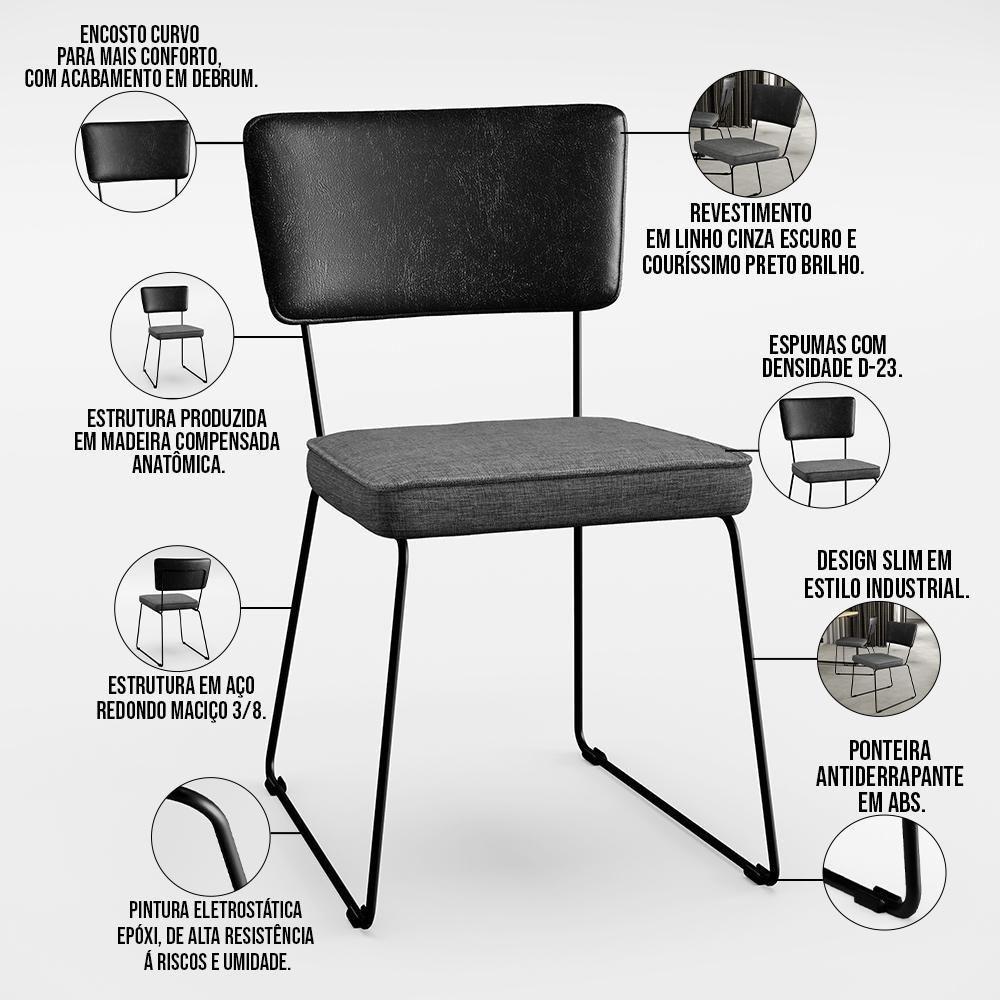 Kit 02 Cadeiras L02 Couríssimo Preto Linho Cinza Escuro - 7