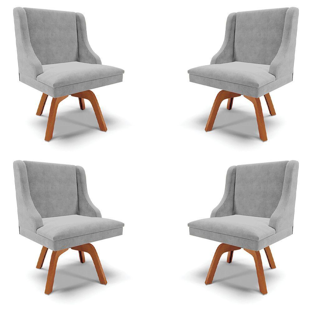 Kit 4 Cadeiras Decorativas Sala De Jantar Base Giratória De Madeira Firenze Suede Cinza/natural G19 - Gran Belo - 1
