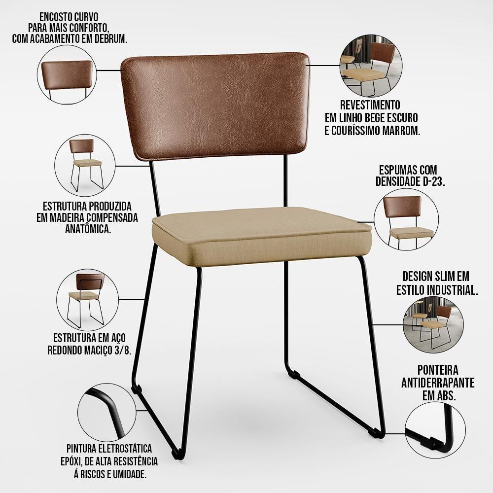 Kit 02 Cadeiras L02 Couríssimo Marrom Linho Bege Escuro - 7