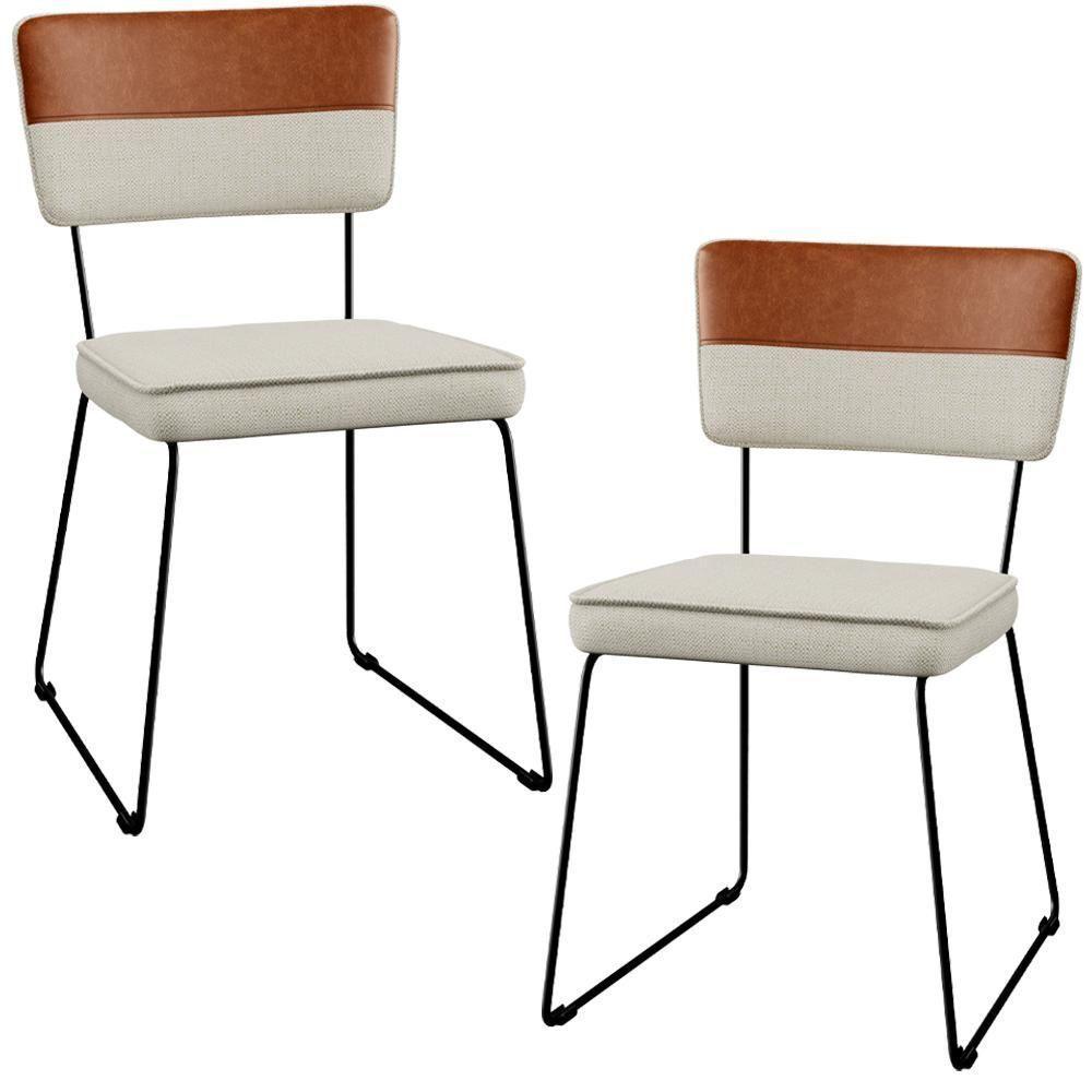 Kit 02 Cadeiras Faixa Couríssimo Camel Linho Champagne - 1