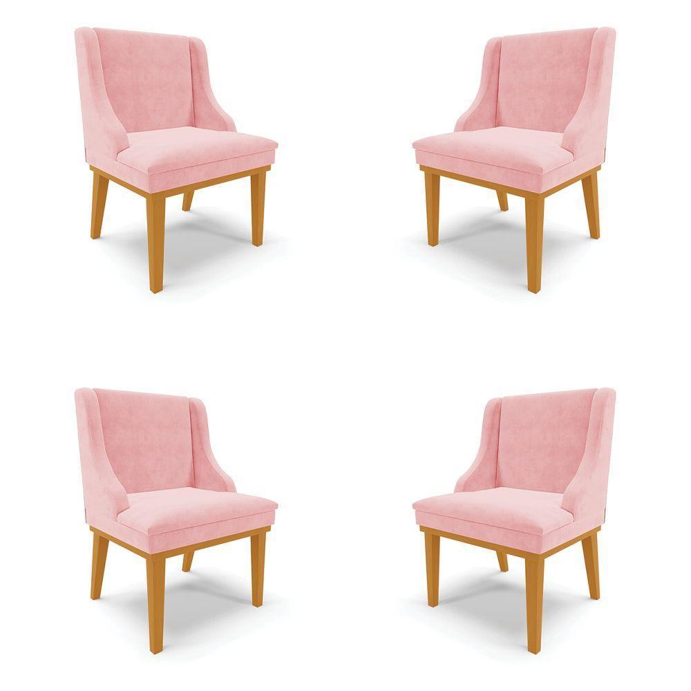 Kit 4 Cadeiras Decorativas Sala De Jantar Base Fixa De Madeira Firenze Suede Rosa Bebê/castanho G19 - 1