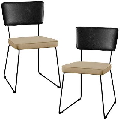 Kit 02 Cadeiras L02 Couríssimo Preto Linho Bege Escuro