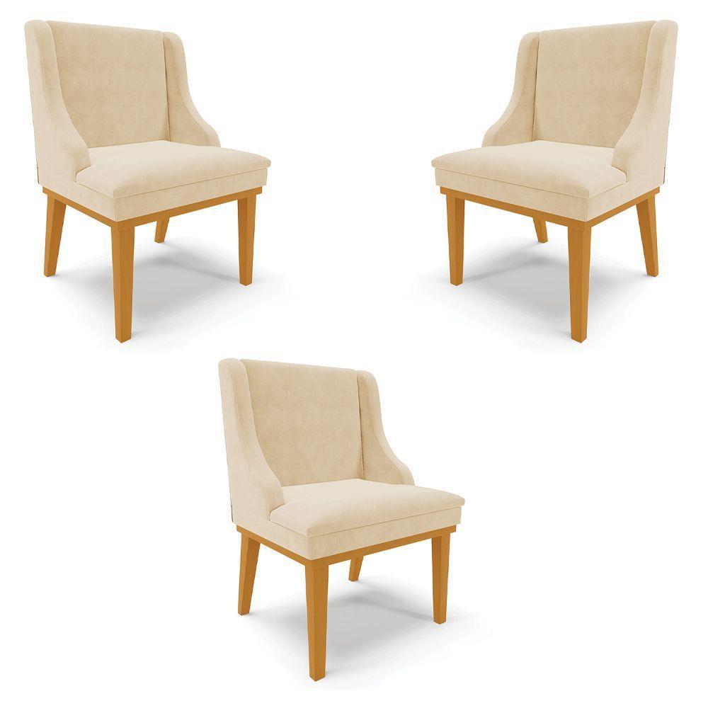 Kit 3 Cadeiras Decorativas Sala De Jantar Base Fixa De Madeira Firenze Suede Bege/castanho G19 - 1
