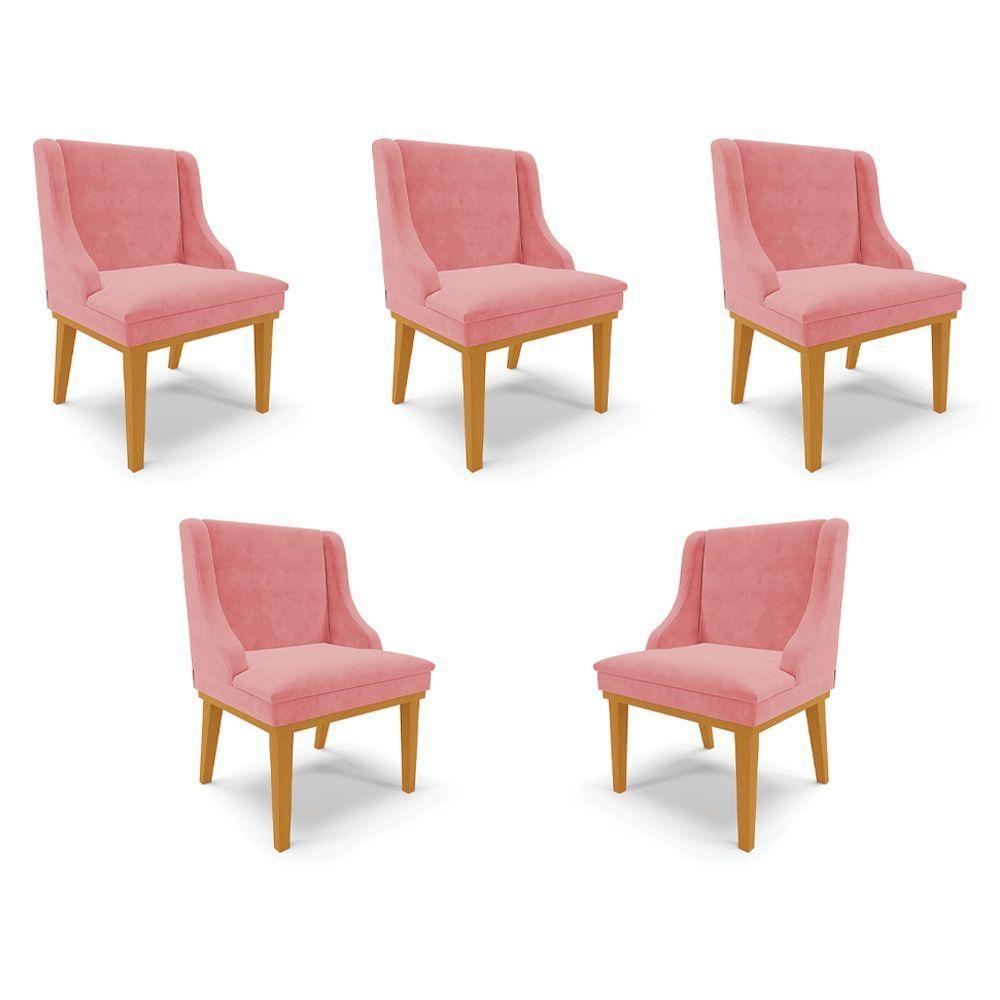 Kit 5 Cadeiras Decorativas Sala De Jantar Base Fixa De Madeira Firenze Suede Rose/castanho G19 - 1