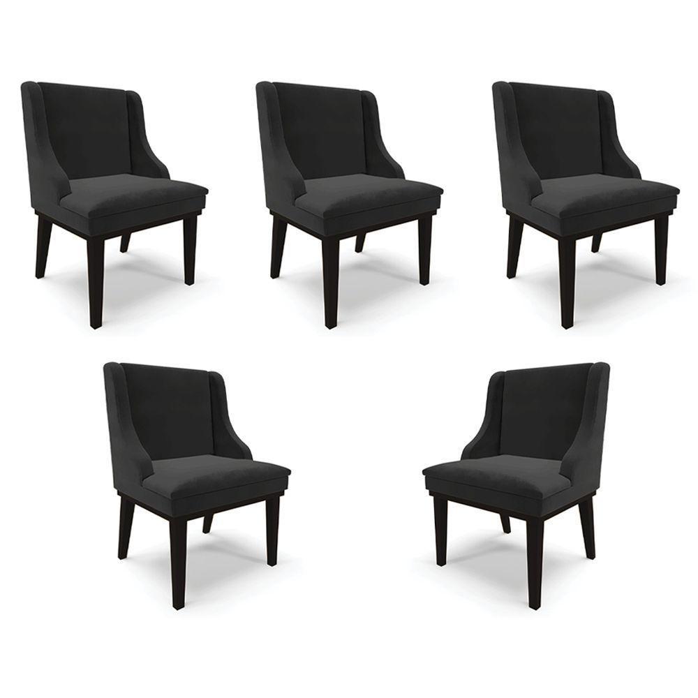 Kit 5 Cadeiras Decorativas Sala De Jantar Base Fixa De Madeira Firenze Veludo Preto G19 - Gran Belo - 1