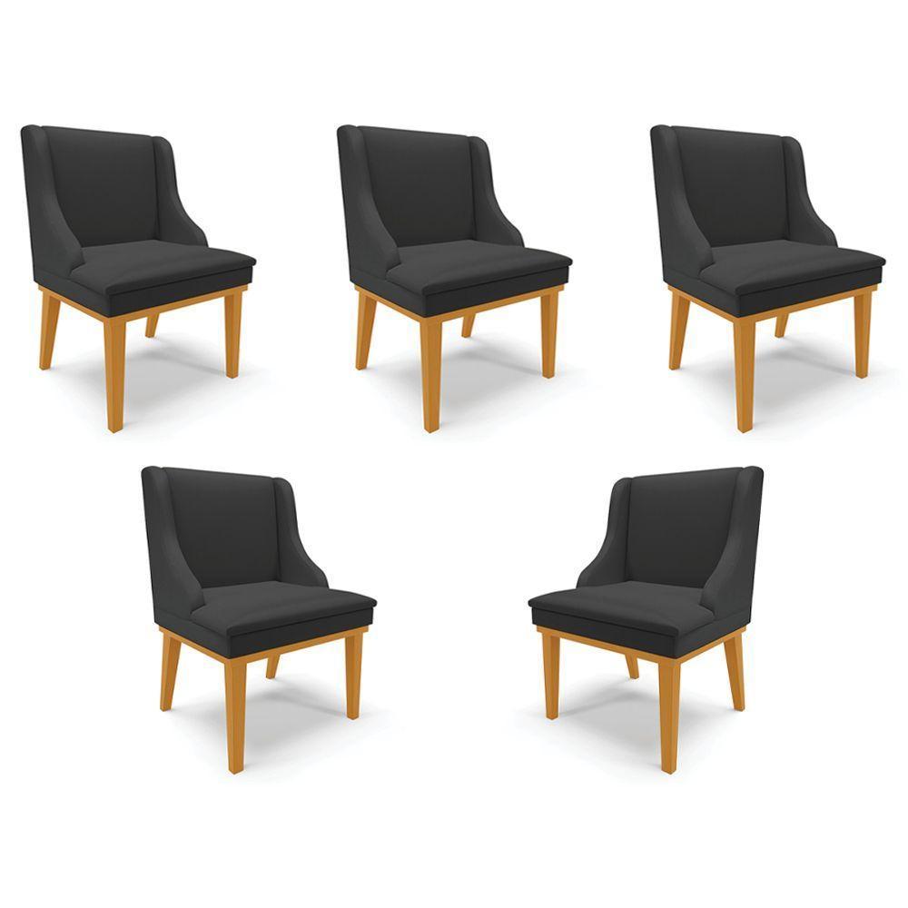 Kit 5 Cadeiras Decorativas Sala De Jantar Base Fixa De Madeira Firenze Pu Preto Fosco/castanho G19 - 1