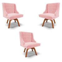 Kit 3 Cadeiras Decorativas Sala De Jantar Base Giratória De Madeira Firenze Suede Rosa Bebê/natural G19 - Gran Belo - 1