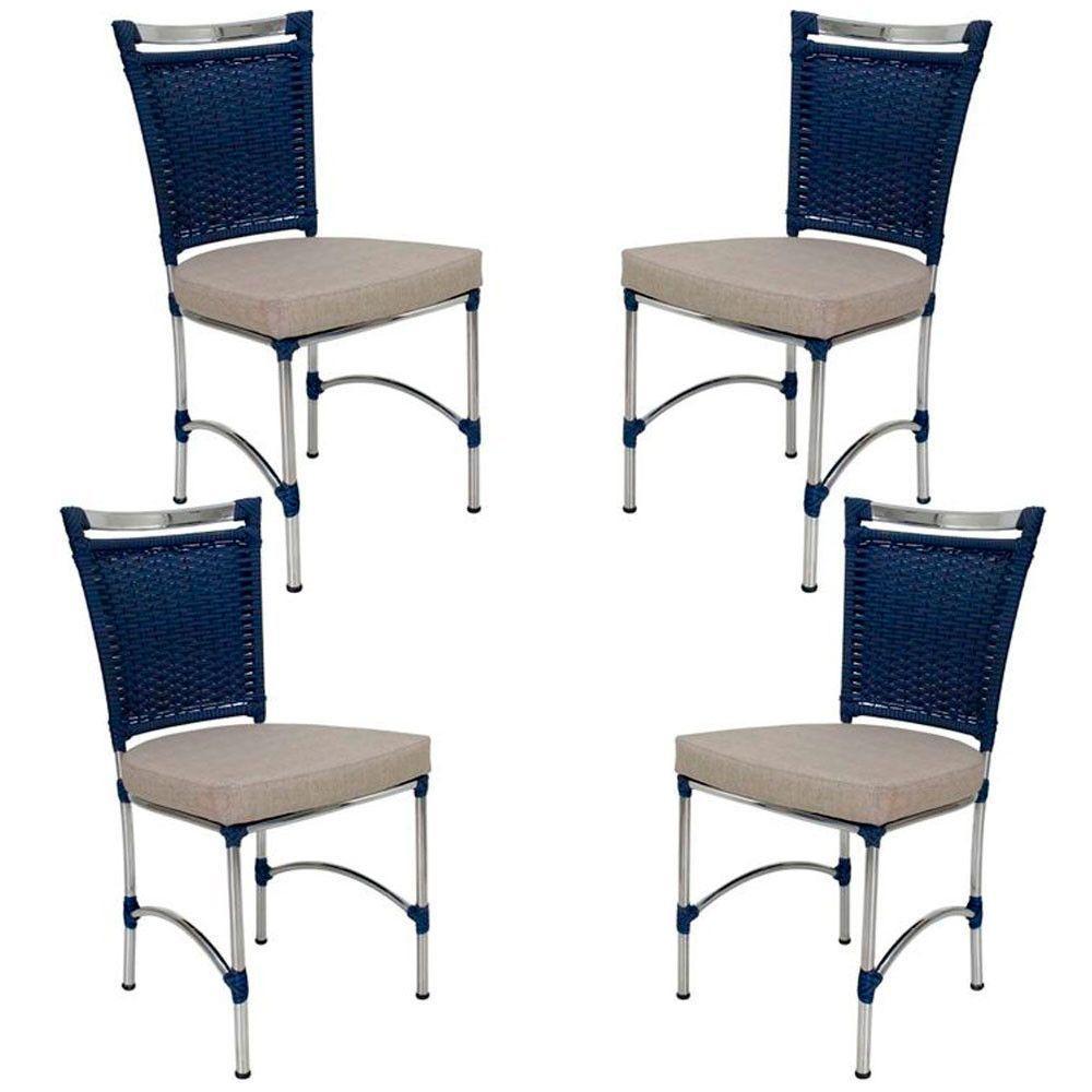 4 Cadeiras Em Alumínio E Fibra Sintética Jk Cozinha Edícula Azul Dark E Fundo Palha - 1