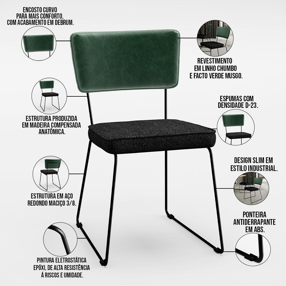 Kit 04 Cadeiras L02 Facto Verde Musgo Linho Chumbo - 7