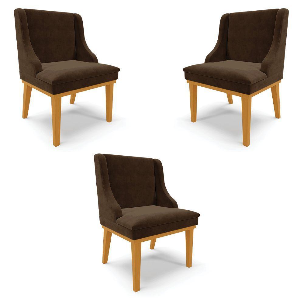 Kit 3 Cadeiras Decorativas Sala De Jantar Base Fixa De Madeira Firenze Suede Marrom/castanho G19 - 1