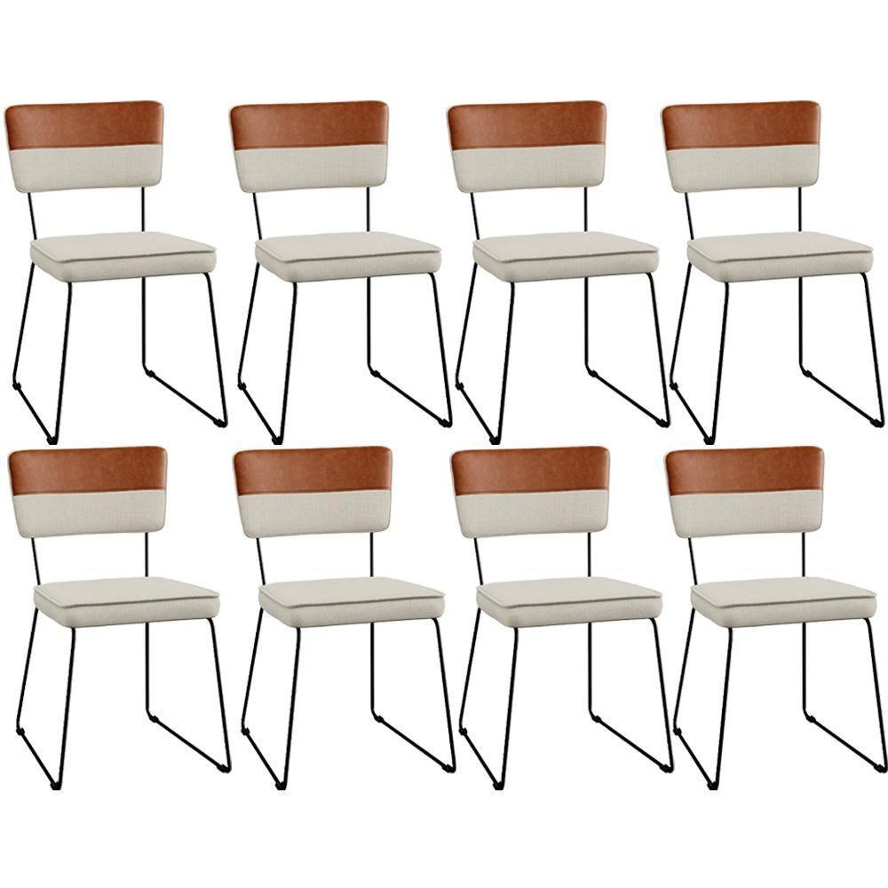 Kit 08 Cadeiras Faixa Couríssimo Camel Linho Champagne - 1