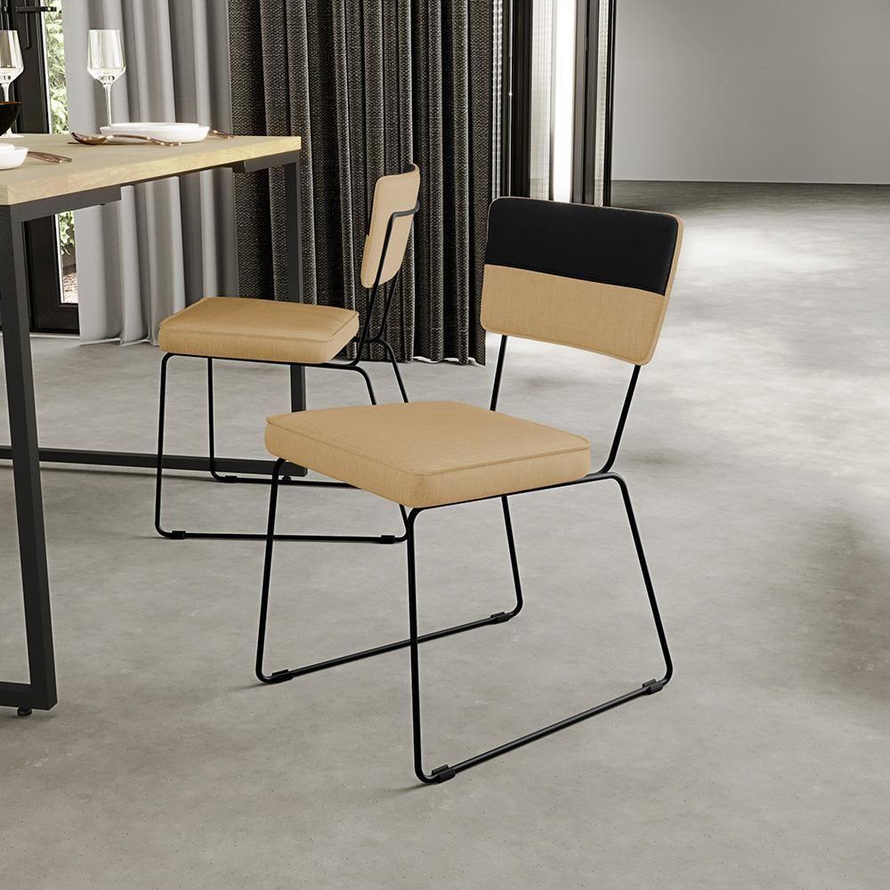 Kit 04 Cadeiras Base De Aço Corano Preto Linho Bege Escuro - 10