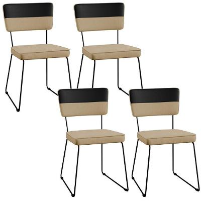 Kit 04 Cadeiras Base De Aço Corano Preto Linho Bege Escuro