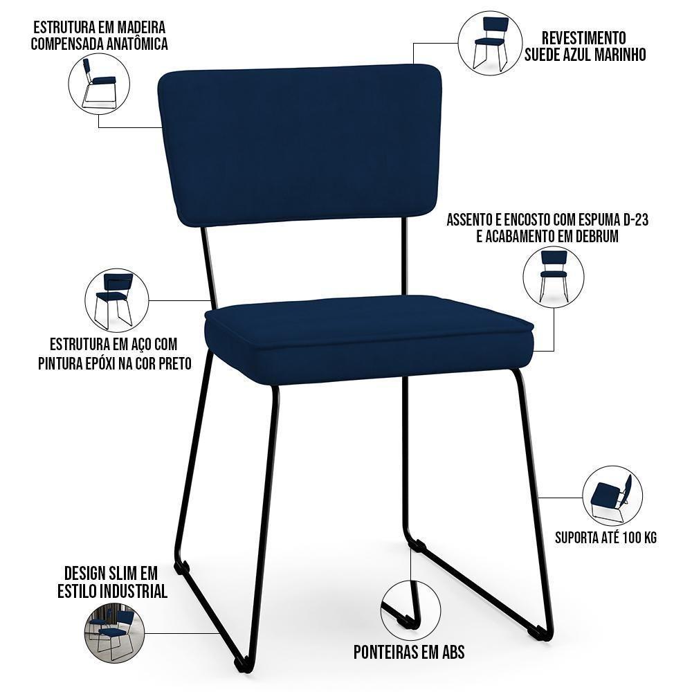 Kit 04 Cadeiras De Jantar Allana L02 Suede Azul Marinho - 6