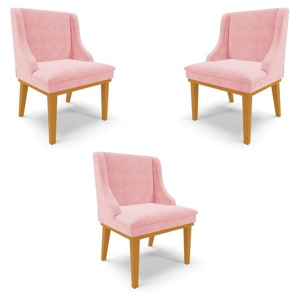 Kit 3 Cadeiras Decorativas Sala De Jantar Base Fixa De Madeira Firenze Suede Rosa Bebê/castanho G19 - 1