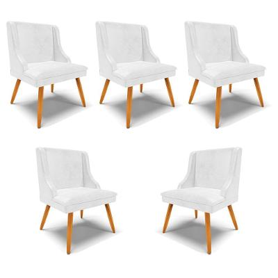 Kit 5 Cadeiras Decorativas Sala De Jantar Pés Palito De Madeira Firenze Pu Branco Brilho/natural G19