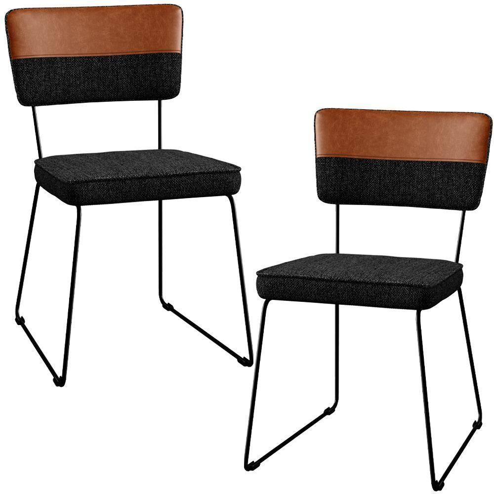 Kit 02 Cadeiras Faixa Couríssimo Camel Linho Chumbo - 1